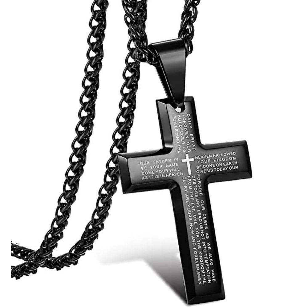 Men's Black Stainless Steel Lord's Prayer Necklace